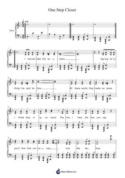 One Step Closer Musica per pianoforte di Linkin Park - Arr.Malke Wordby