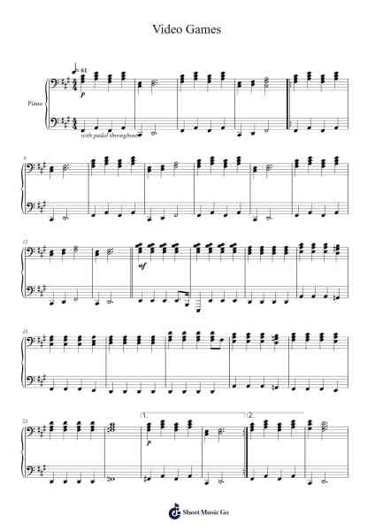 Video Games Sheet Music by Lana Del Rey-Arr.Brobraith Zeyer