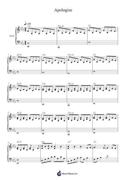 Apologize Sheet Music by OneRepublic-Arr.Vinwat
