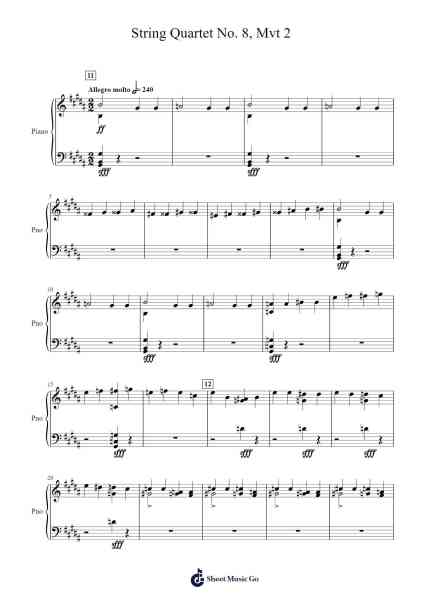 String Quartet No. 8 in C Minor, Op. 110: II. Allegro molto Sheet Music by Dmitri Shostakovich-Arr.Borgtle
