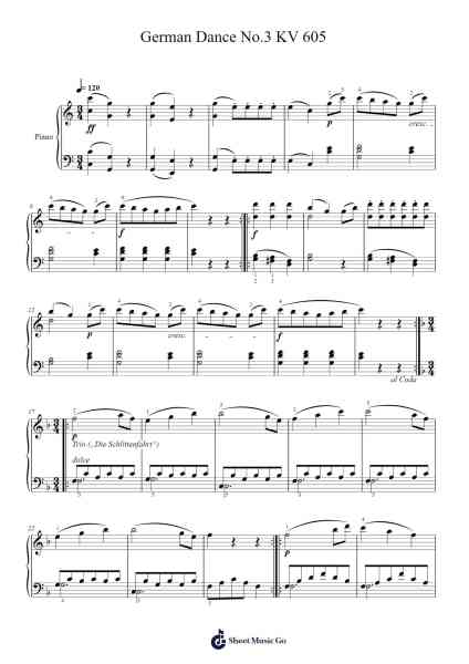 German Dance No. 3 in C Major, K. 605 "Sleigh Ride" Sheet Music by Wolfgang Amadeus Mozart-Arr.Dawnbian Sherqe