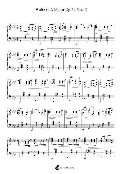 Waltz in A Major, Op. 39, No. 15 Sheet Music by Johannes Brahms-Arr.Woltier