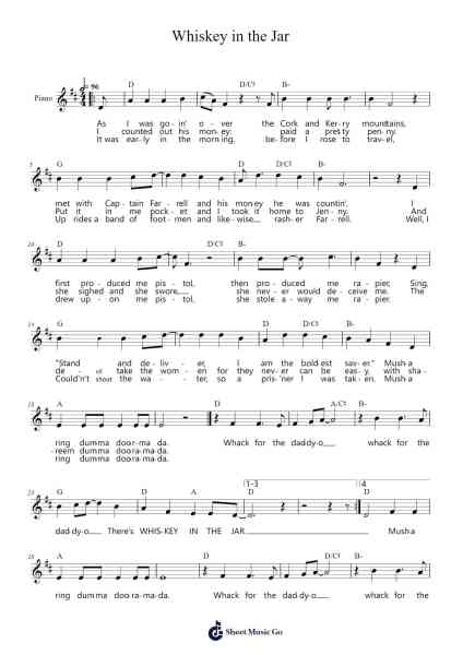 Whiskey in the Jar Sheet Music by The Dubliners-Arr.Latckens