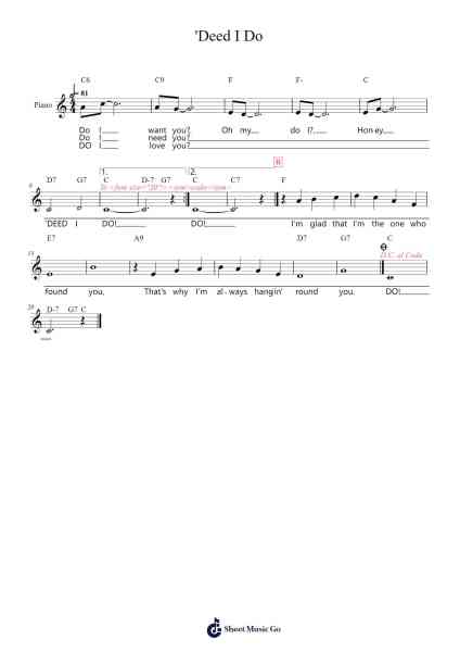 'Deed I Do Musica per pianoforte di Fred Rose - Arr.Shelmore Yetgrant