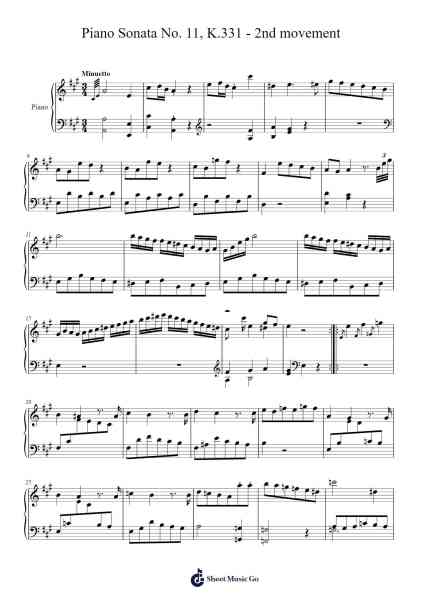 Piano Sonata No. 11 in A Major, K. 331: II. Menuetto Sheet Music by Wolfgang Amadeus Mozart-Arr.Junegia Wato