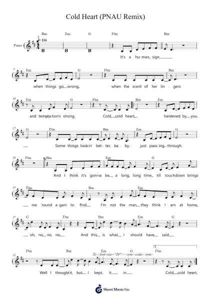 Cold Heart (PNAU Remix) Sheet Music by Dua Lipa-Arr.Pocent