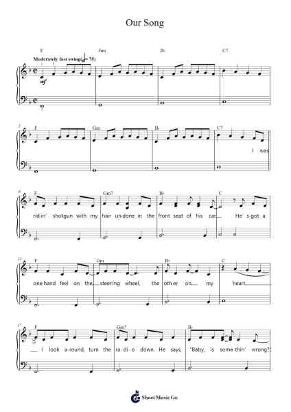 Our Song Sheet Music by Taylor Swift-Arr.Kentnice Dalnoah