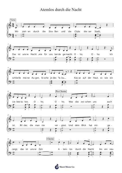 Atemlos durch die Nacht Sheet Music by Helene Fischer-Arr.Wavieve Katdy