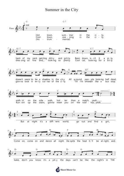 Summer in the City Sheet Music by The Lovin' Spoonful-Arr.Benga