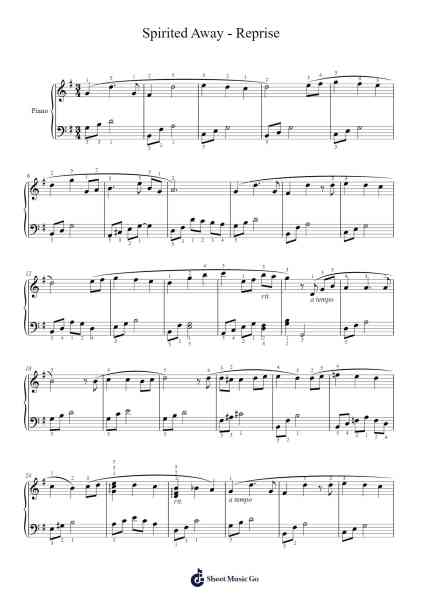 Spirited Away - Reprise Sheet Music by Joe Hisaishi-Arr.Fitchnolds Hartewy