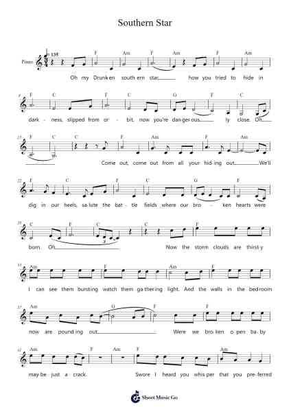 Southern Star Sheet Music by Gregory Alan Isakov-Arr.Yulevieve