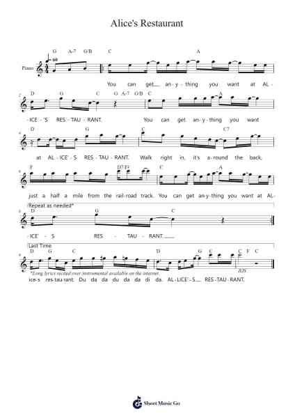 Alice's Restaurant Sheet Music by Arlo Guthrie-Arr.Dwightlitt