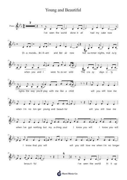 Young and Beautiful Sheet Music by Lana Del Rey-Arr.Mila