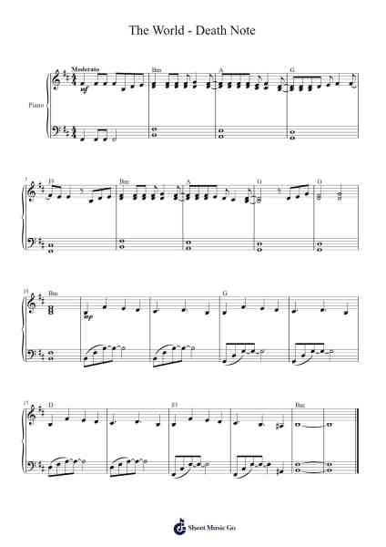 The World - Death Note Sheet Music by Misc Cartoons-Arr.Fitzres Stuartshaw