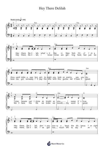 Hey There Delilah Sheet Music by Plain White T's-Arr.Betrae Rooqe
