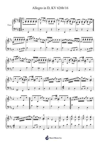 Allegro in D, KV 626b/16 Sheet Music by Wolfgang Amadeus Mozart-Arr.Stechill Argale