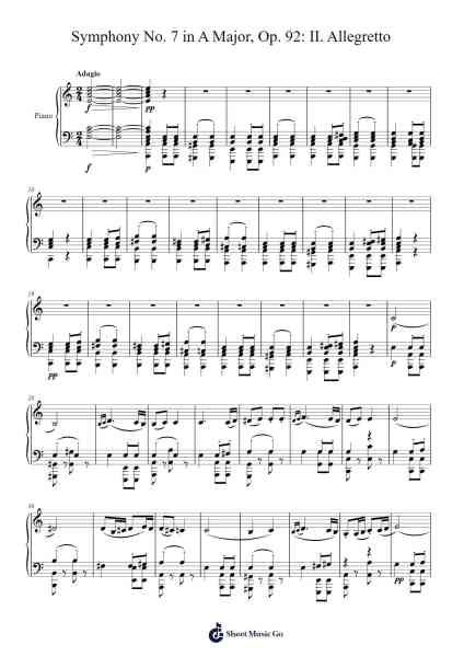 Symphony No. 7 in A Major, Op. 92: II. Allegretto (Piano Duet) Sheet Music by Ludwig van Beethoven-Arr.Popthus
