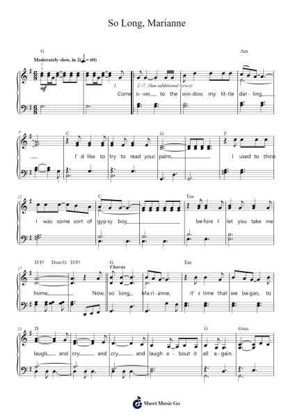 So Long, Marianne Sheet Music by Leonard Cohen-Arr.Ellyle Hunrhys
