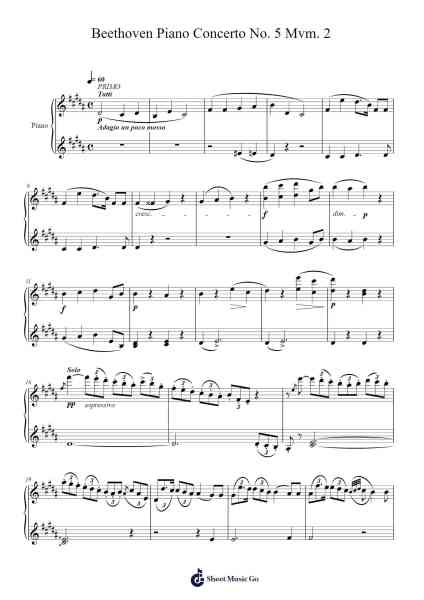 Piano Concerto No. 5 in E-flat Major, Op. 73 "Emperor": II. Adagio un poco mosso (4 hands: Primo) Sheet Music by Ludwig van Beethoven-Arr.Taypeare Rolius