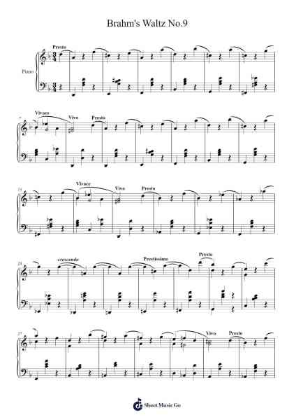 Waltz No. 9 in A Major, Op. 39 Sheet Music by Johannes Brahms-Arr.Tesssaul
