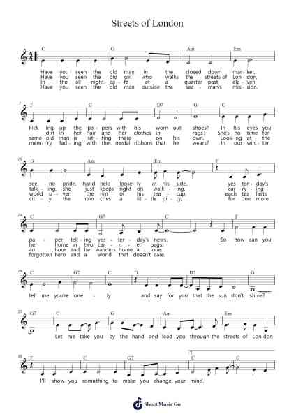 Streets of London Sheet Music by Ralph McTell-Arr.Watloise Fredgee