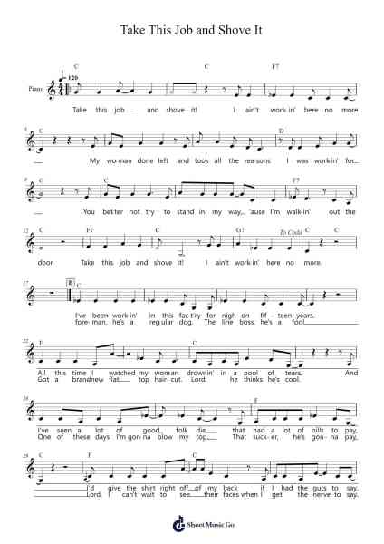 Take This Job and Shove It Sheet Music by David Allan Coe-Arr.Chrisriah Sheicia