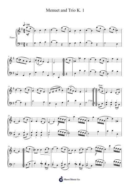 Menuet and Trio in D Major, K. 1 Sheet Music by Wolfgang Amadeus Mozart-Arr.Vinpeare