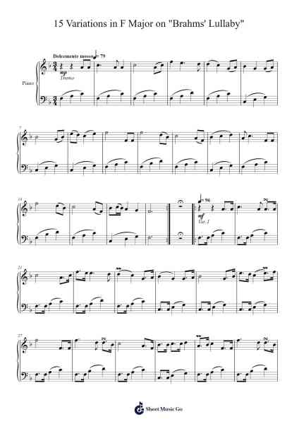 15 Variations in F Major on 'Brahms' Lullaby', WoO 11 Sheet Music by Uthune Steeletie-Arr.Hula