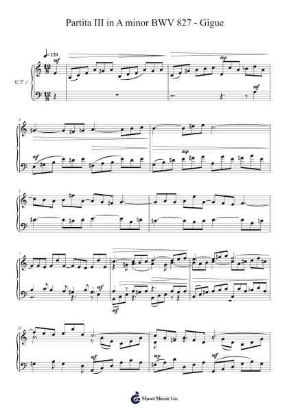 Partita No. 3 in A Minor, BWV 827: VII. Gigue 樂譜由 Johann Sebastian Bach - 編曲 Everal Baurell