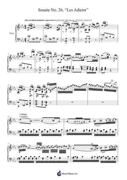 Piano Sonata No. 26 in E-flat Major, Op. 81a "Les Adieux": II. Andante espressivo Sheet Music by Ludwig van Beethoven-Arr.Jackbing Priceliot