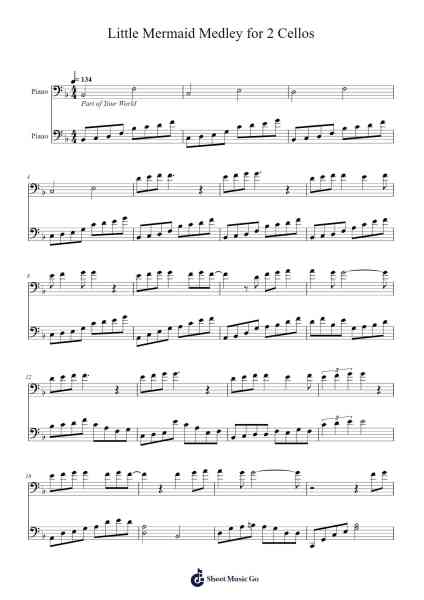 Little Mermaid Medley for 2 Cellos Sheet Music by Alan Menken-Arr.Chrisriah Sheicia