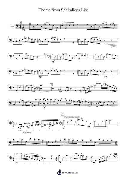 Theme from Schindler's List for Solo Cello Sheet Music by John Williams-Arr.Leoduke Hodwey