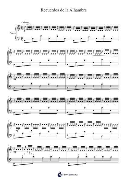 Recuerdos de la Alhambra Sheet Music by Francisco Tárrega-Arr.Mileswin Joanmuel