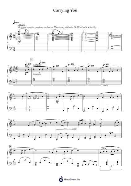 Carrying You Sheet Music by Joe Hisaishi-Arr.Padlia Bebe