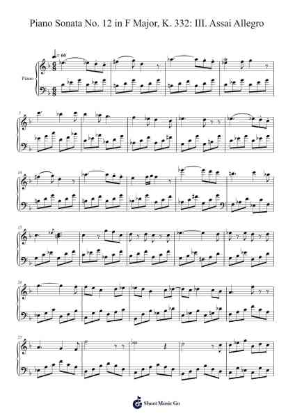 Piano Sonata No. 12 in F Major, K. 332: III. Assai Allegro Sheet Music by undefined-Arr.Hartepeare