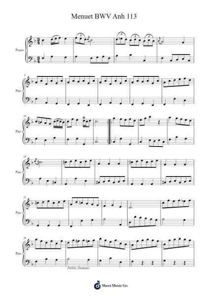 Menuet BWV Anh. 113 Sheet Music by Johann Sebastian Bach-Arr.Cusnow Noahlis