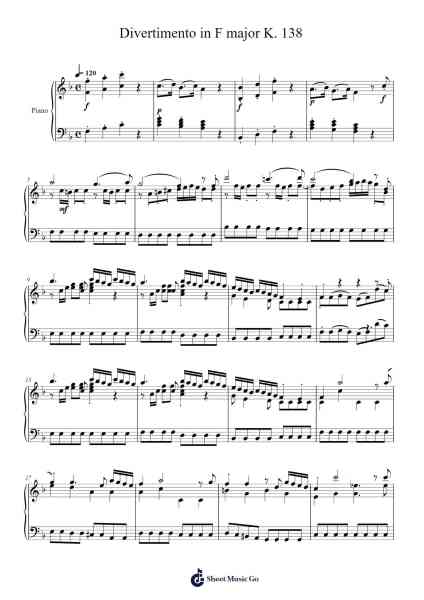Divertimento in F Major, K. 138 Sheet Music by W.A. Mozart-Arr.Toutfey