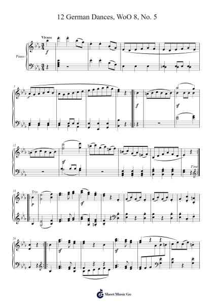 12 German Dances, WoO 8: No. 5 Sheet Music by Ludwig van Beethoven-Arr.Kirkwen Meldell