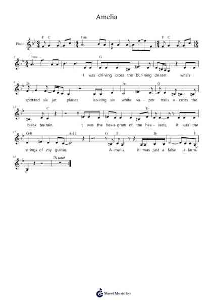 Amelia Sheet Music by Joni Mitchell-Arr.Hoodlyle Joyyoung