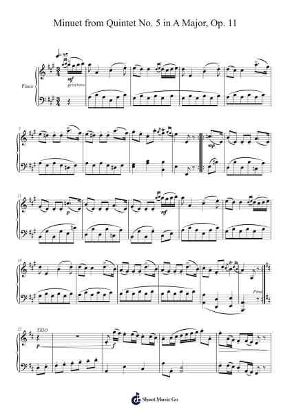 Minuet from String Quintet No. 5 in E Major, Op. 11 - Transcribed for Piano Sheet Music by Vincent-Arr.Bairdted Fage