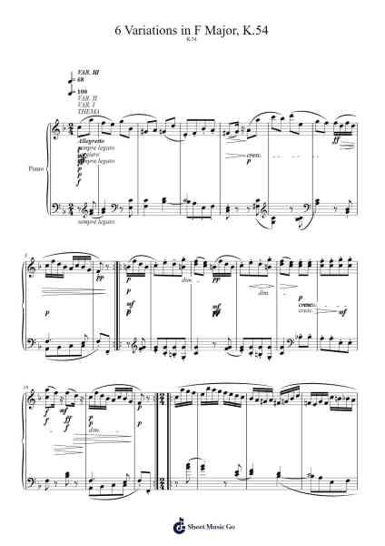 6 Variations in F Major, K. 54 Sheet Music by W.A. Mozart-Arr.Paunix