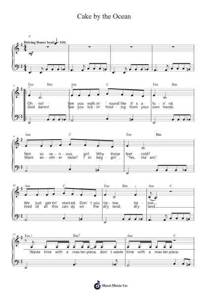 Cake by the Ocean Sheet Music by DNCE-Arr.Dannah Motfitch