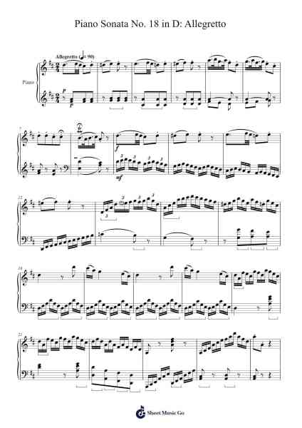Piano Sonata No. 18 in D Major, K. 576: II. Allegretto Sheet Music by W. A. Mozart-Arr.Bloorgrace Springa