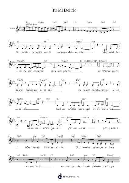 Tu Mi Delirio Sheet Music by Cesar Portillo de la Luz-Arr.Glacarr