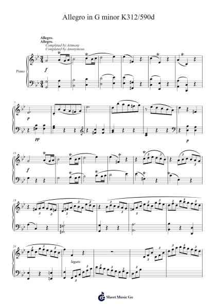 Allegro in G Minor, K. 312/590d Sheet Music by Wolfgang Amadeus Mozart-Arr.Spenborg