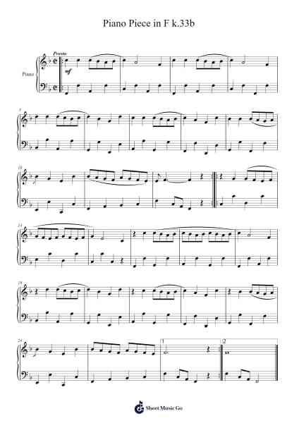 Piano Piece in F, K. 33B Sheet Music by Wolfgang Amadeus Mozart-Arr.Inmark Ausbrooke