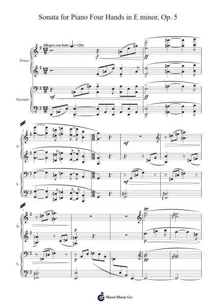 Sonata for Piano Four Hands in E minor, Op. 5: I. Allegro con brio Sheet Music by SyreNide Music-Arr.Vicnick Hoodpy
