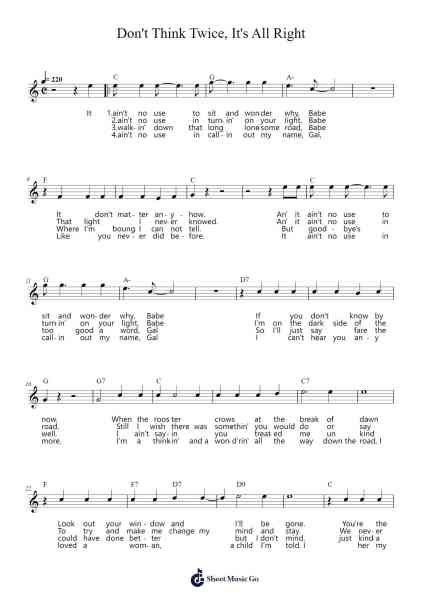 Don't Think Twice, It's All Right Sheet Music by Bob Dylan-Arr.Jillcooke Murday
