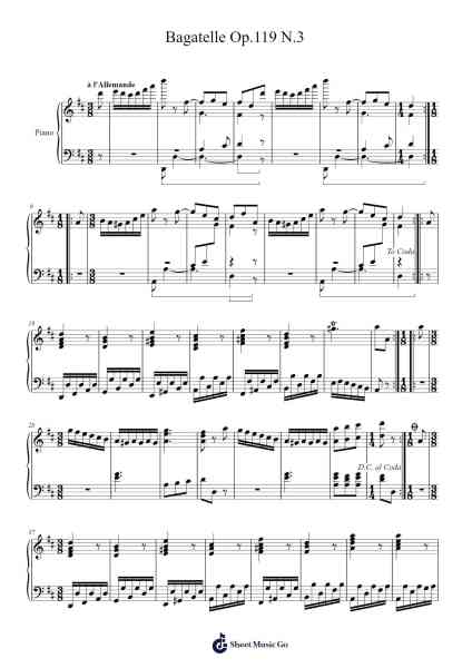 Bagatelle in A Minor, Op. 119, No. 3 Sheet Music by Ludwig van Beethoven-Arr.Yorktie Phisopp