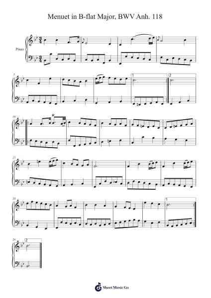 Menuet in B-flat Major, BWV Anh. 118 Sheet Music by Johann Sebastian Bach-Arr.Juddton Mucott
